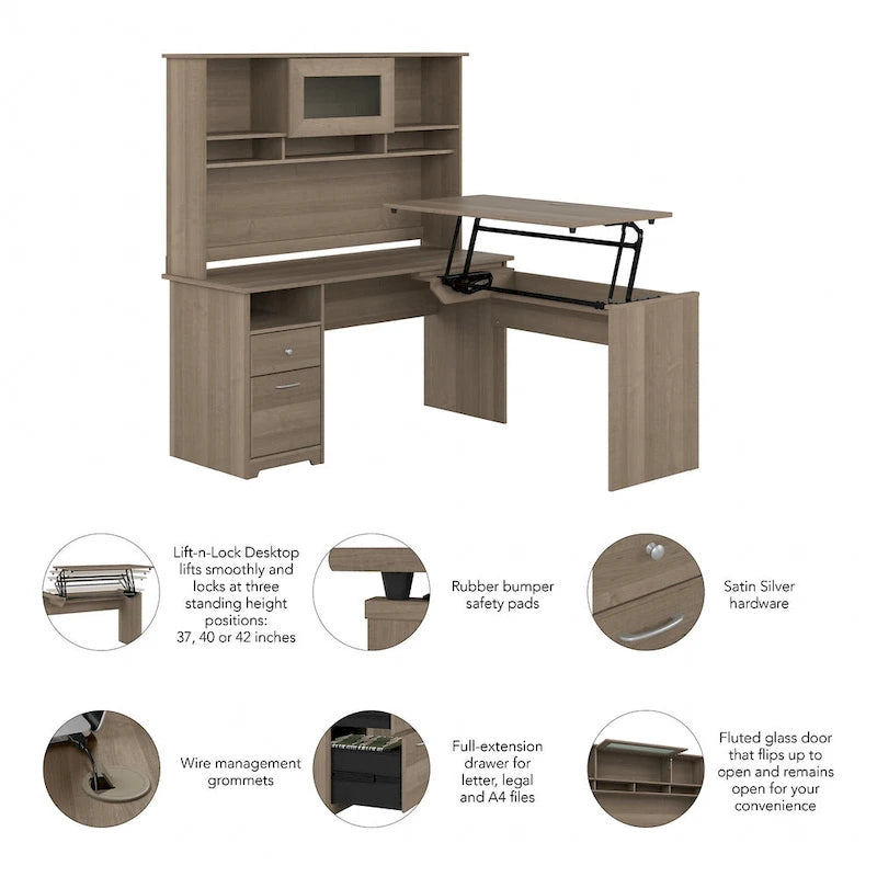 Bureau assis-debout en L 3 positions 60W avec huche, par Bush Furniture