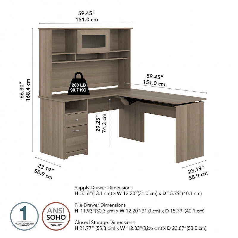 Bureau assis-debout en L 3 positions 60W avec huche, par Bush Furniture