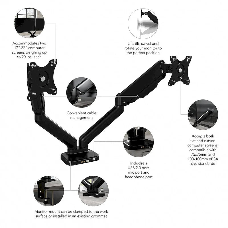 Bras pour deux moniteurs réglable avec port USB Bush Business Furniture