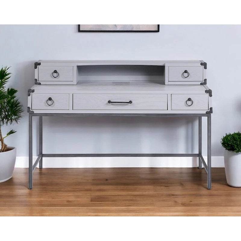 Bureau d'écriture gris en bois avec cinq tiroirs de 54 po
