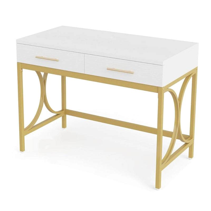 Bureau d'ordinateur, plateau blanc de 104 cm, 2 tiroirs, base dorée