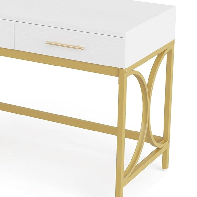 Bureau d'ordinateur, plateau blanc de 104 cm, 2 tiroirs, base dorée