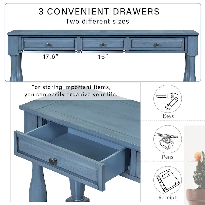 Console méditerranéenne avec 3 tiroirs de rangement et étagère inférieure ouverte pour entrée de maison et hôtel