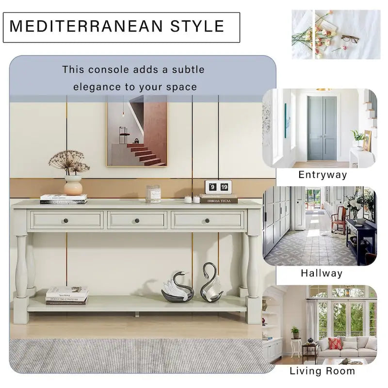 Console méditerranéenne avec 3 tiroirs de rangement et étagère inférieure ouverte pour entrée de maison et hôtel