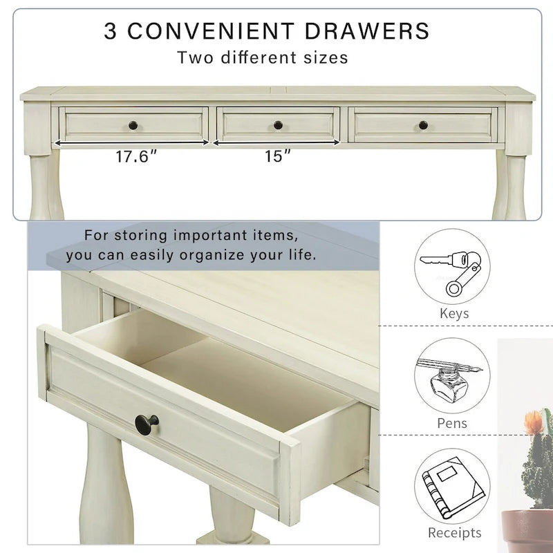 Console méditerranéenne avec 3 tiroirs de rangement et étagère inférieure ouverte pour entrée de maison et hôtel