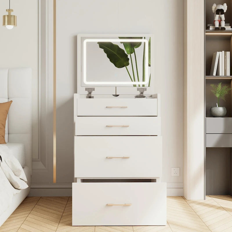 Coiffeuse de 60 cm avec miroir escamotable et éclairage, coiffeuse 3-en-1 avec plateau en verre, lumière LED et prise de courant, 3 tiroirs