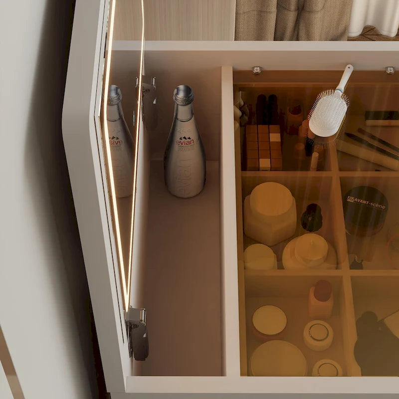 Coiffeuse de 60 cm avec miroir escamotable et éclairage, coiffeuse 3-en-1 avec plateau en verre, lumière LED et prise de courant, 3 tiroirs
