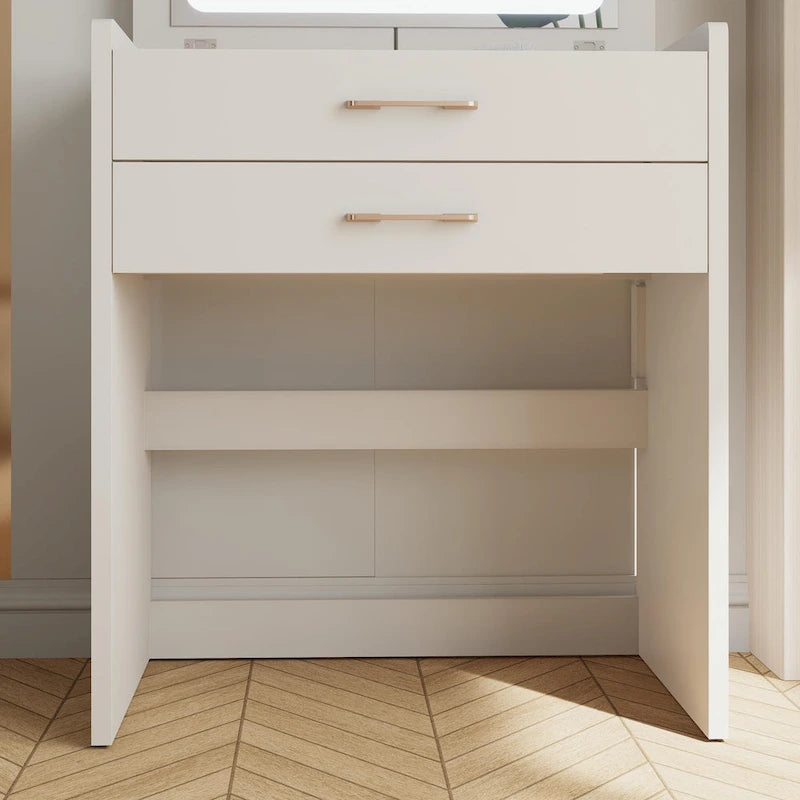 Coiffeuse de 60 cm avec miroir escamotable et éclairage, coiffeuse 3-en-1 avec plateau en verre, lumière LED et prise de courant, 3 tiroirs