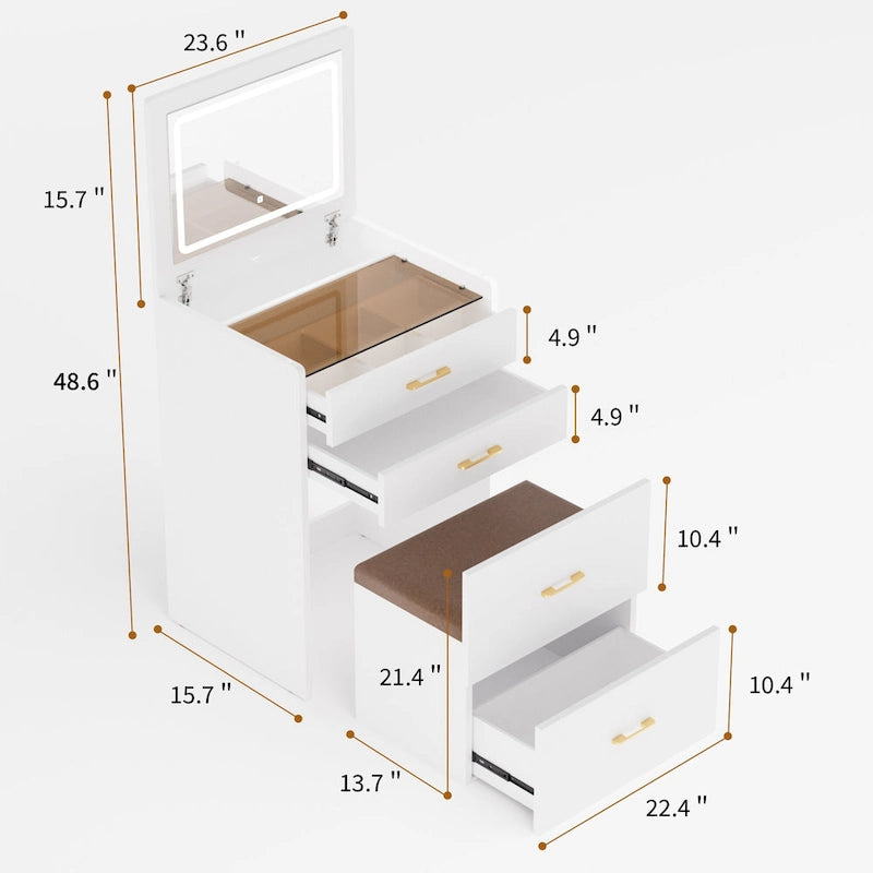 Coiffeuse de 60 cm avec miroir escamotable et éclairage, coiffeuse 3-en-1 avec plateau en verre, lumière LED et prise de courant, 3 tiroirs