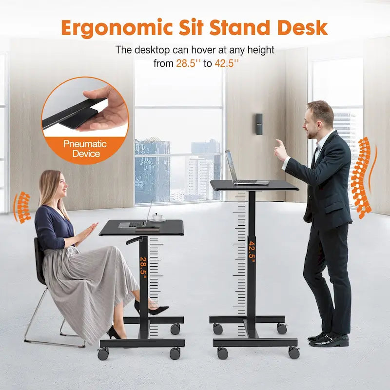 Bureau debout réglable et moderne avec roulettes verrouillables et vérin à gaz pour le bureau à domicile ou les petits espaces