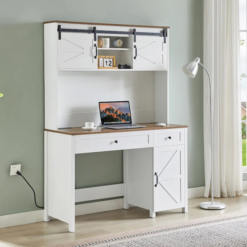 Bureau d'ordinateur de style rustique avec huche et station de charge pour bureaux à domicile ou espaces de travail d'étudiant