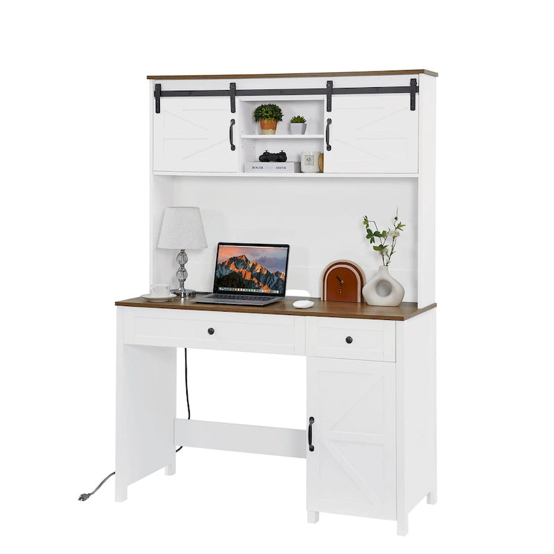 Bureau d'ordinateur de style rustique avec huche et station de charge pour bureaux à domicile ou espaces de travail d'étudiant