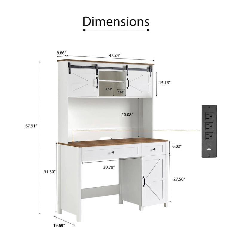 Bureau d'ordinateur de style rustique avec huche et station de charge pour bureaux à domicile ou espaces de travail d'étudiant