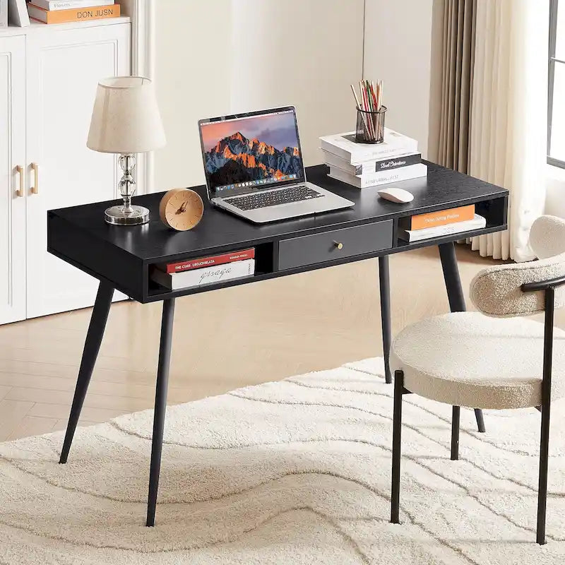 Bureau de travail Mid-Century avec port USB intégré, prise de courant et 2 espaces de rangement pour bureau à domicile, étude ou chambre à coucher
