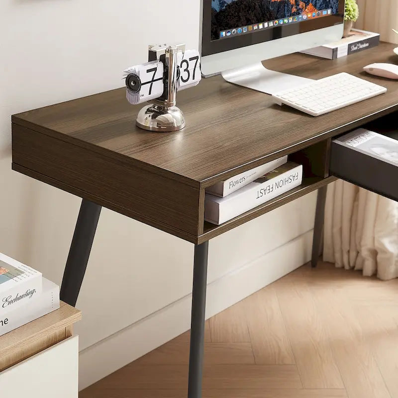 Bureau de travail Mid-Century avec port USB intégré, prise de courant et 2 espaces de rangement pour bureau à domicile, étude ou chambre à coucher