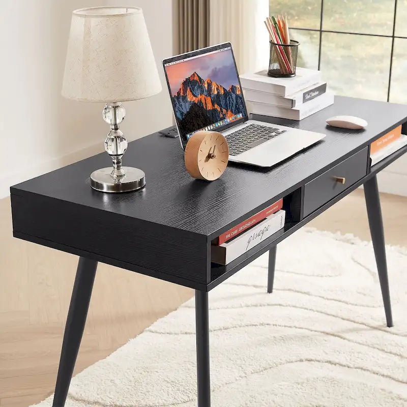 Bureau de travail Mid-Century avec port USB intégré, prise de courant et 2 espaces de rangement pour bureau à domicile, étude ou chambre à coucher