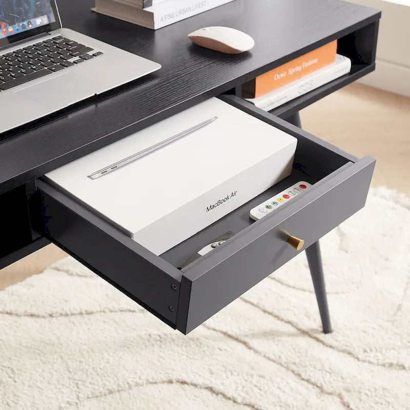 Bureau de travail Mid-Century avec port USB intégré, prise de courant et 2 espaces de rangement pour bureau à domicile, étude ou chambre à coucher