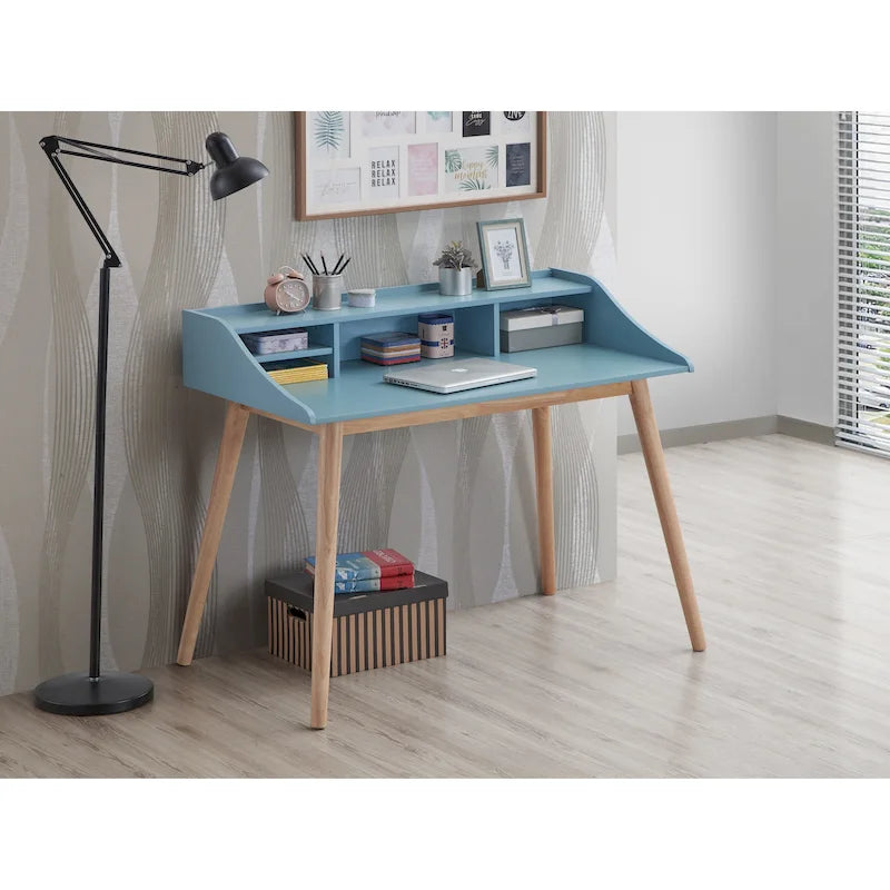 Bureau d'ordinateur de style moderne du milieu du siècle avec étagères et 4 pieds en bois pour petit bureau à domicile ou salle d'étude