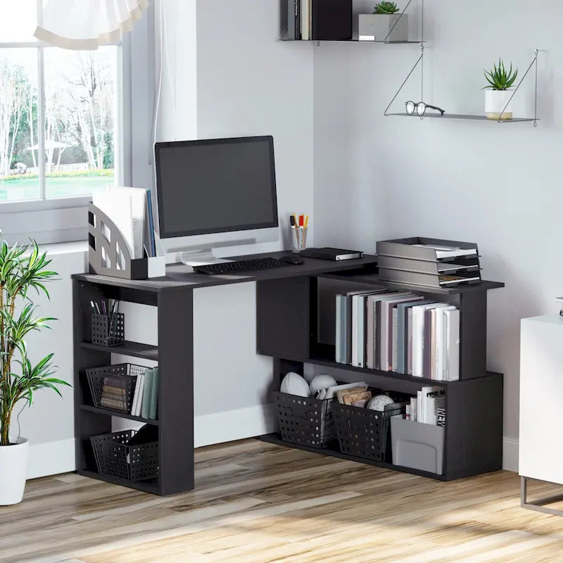 Bureau d'ordinateur moderne en L avec support rotatif à 360° et étagères intégrées pour bureau à domicile ou chambre à coucher
