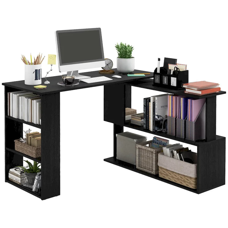 Bureau d'ordinateur moderne en L avec support rotatif à 360° et étagères intégrées pour bureau à domicile ou chambre à coucher