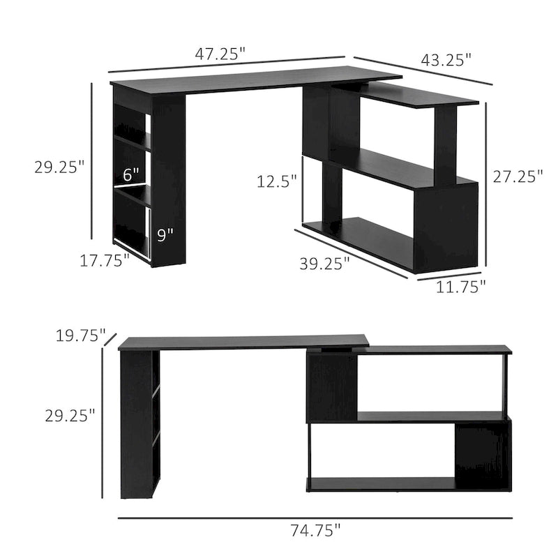 Bureau d'ordinateur moderne en L avec support rotatif à 360° et étagères intégrées pour bureau à domicile ou chambre à coucher