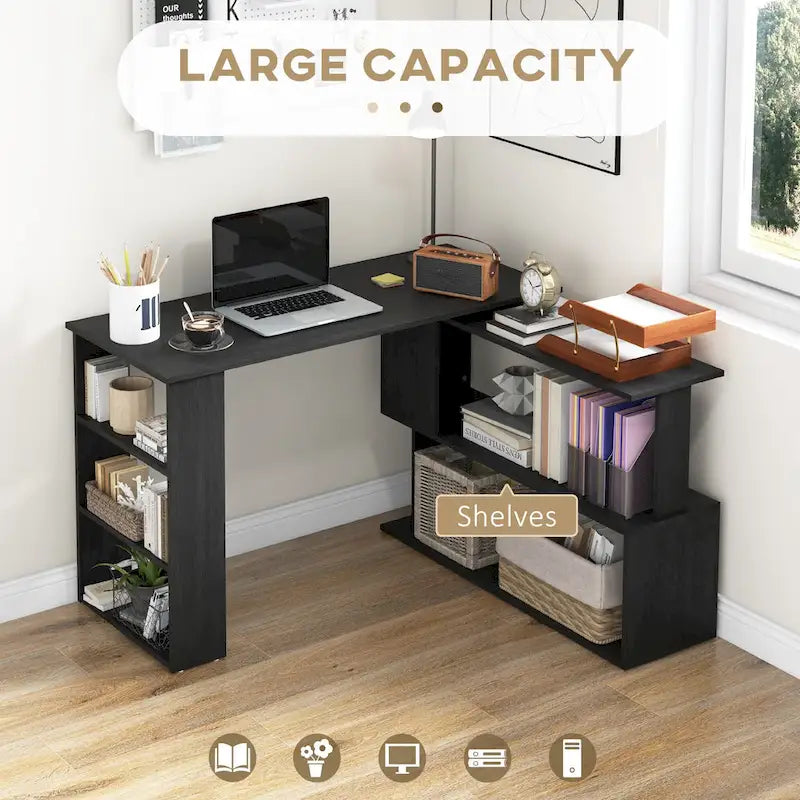 Bureau d'ordinateur moderne en L avec support rotatif à 360° et étagères intégrées pour bureau à domicile ou chambre à coucher