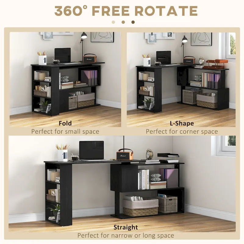 Bureau d'ordinateur moderne en L avec support rotatif à 360° et étagères intégrées pour bureau à domicile ou chambre à coucher