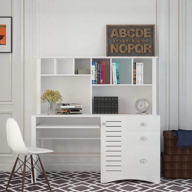 Bureau d'ordinateur moderne avec huche, étagères à 2 niveaux, tiroirs et meuble dissimulé pour bureau, chambre ou salon