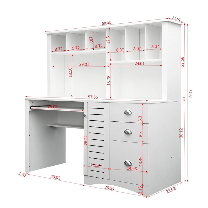Bureau d'ordinateur moderne avec huche, étagères à 2 niveaux, tiroirs et meuble dissimulé pour bureau, chambre ou salon