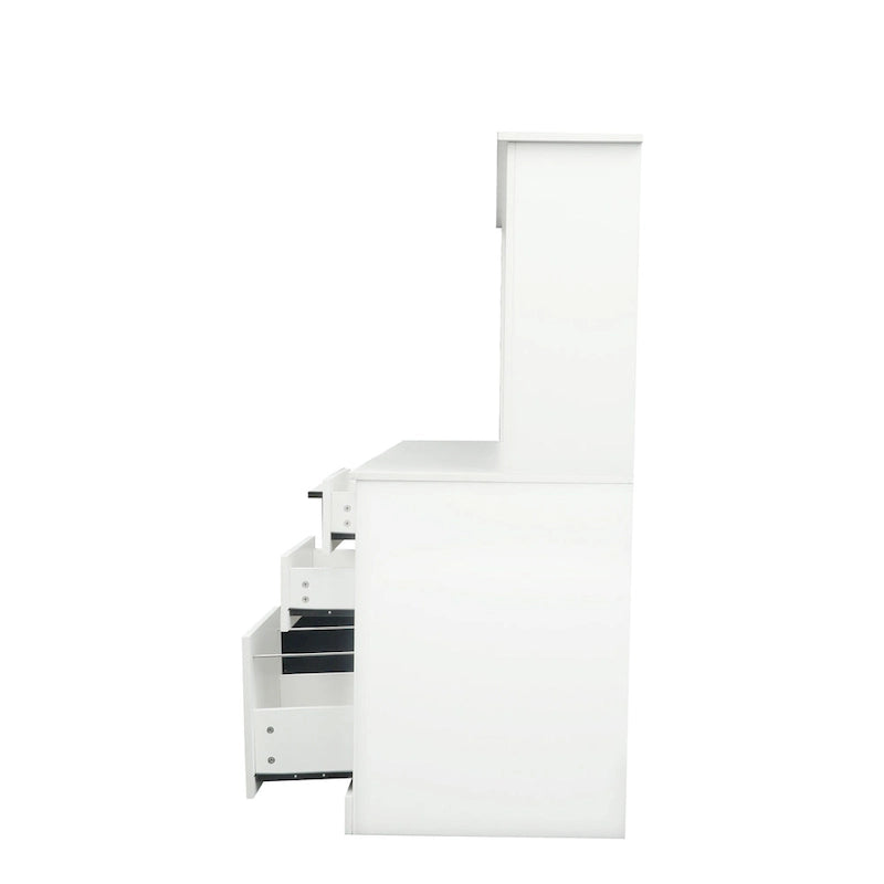 Bureau d'ordinateur moderne avec huche, étagères à 2 niveaux, tiroirs et meuble dissimulé pour bureau, chambre ou salon