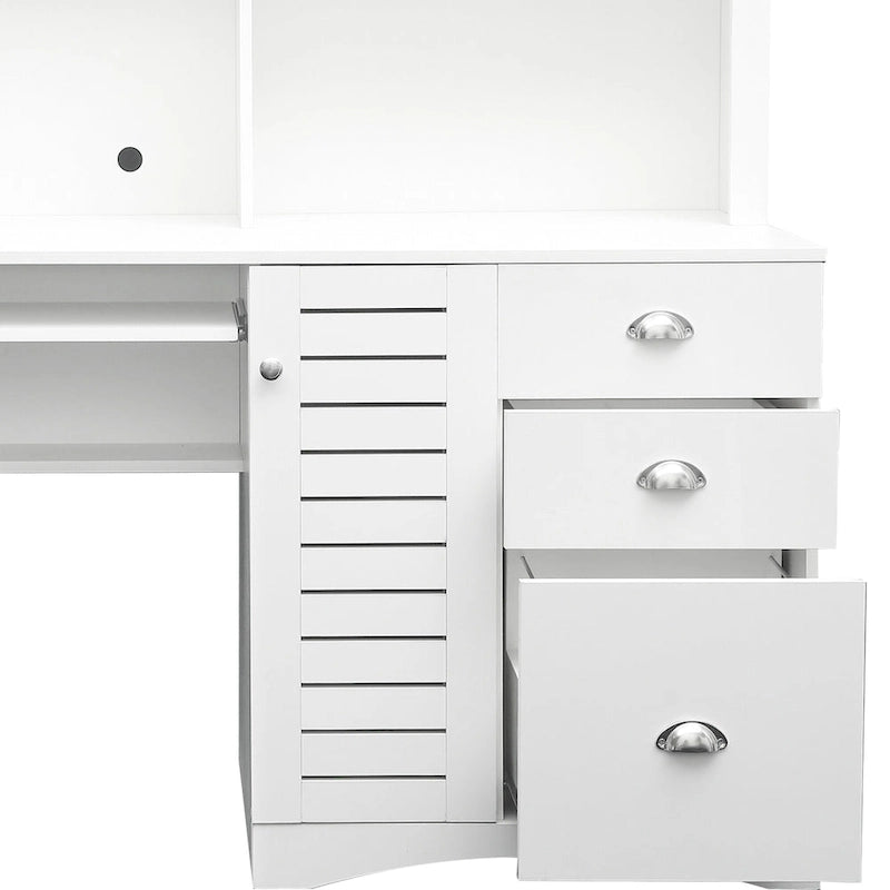Bureau d'ordinateur moderne avec huche, étagères à 2 niveaux, tiroirs et meuble dissimulé pour bureau, chambre ou salon