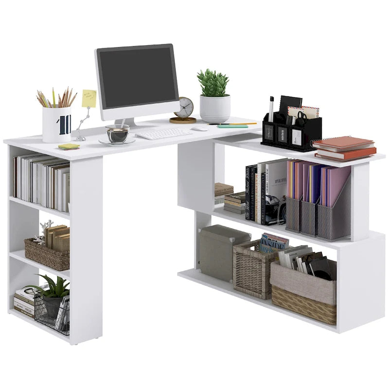Bureau d'angle informatique moderne en L avec support rotatif à 360 degrés et grand espace de rangement pour petits bureaux et chambres à coucher