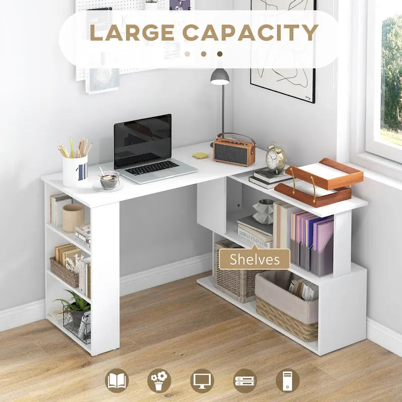 Bureau d'angle informatique moderne en L avec support rotatif à 360 degrés et grand espace de rangement pour petits bureaux et chambres à coucher