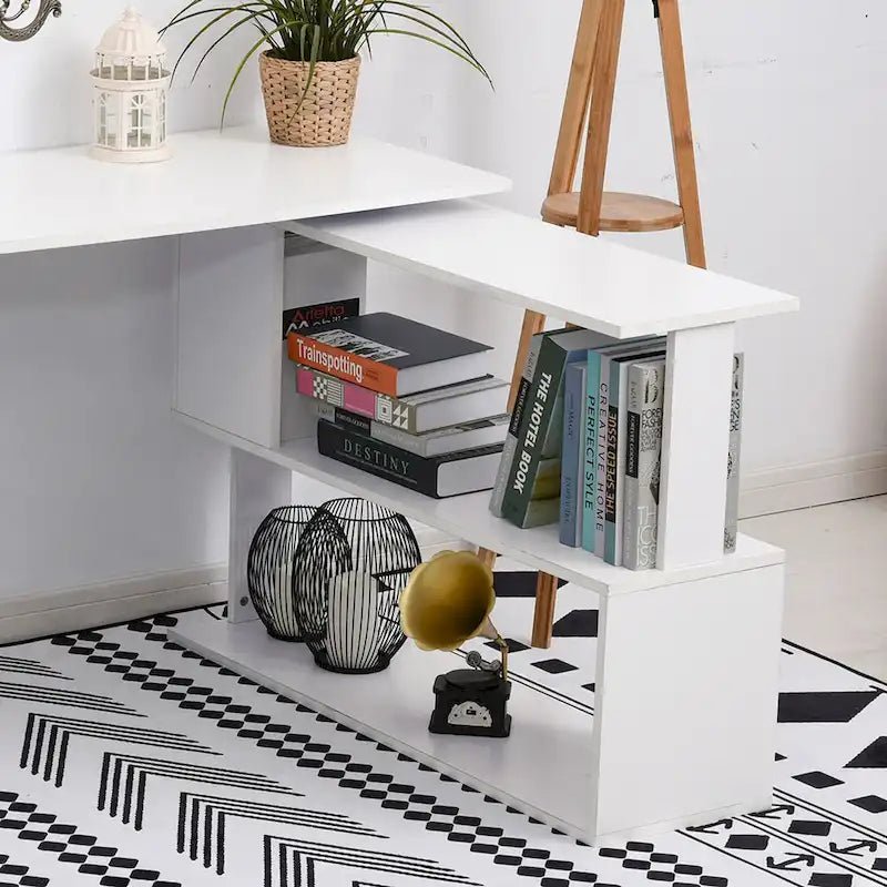 Bureau d'angle informatique moderne en L avec support rotatif à 360 degrés et grand espace de rangement pour petits bureaux et chambres à coucher