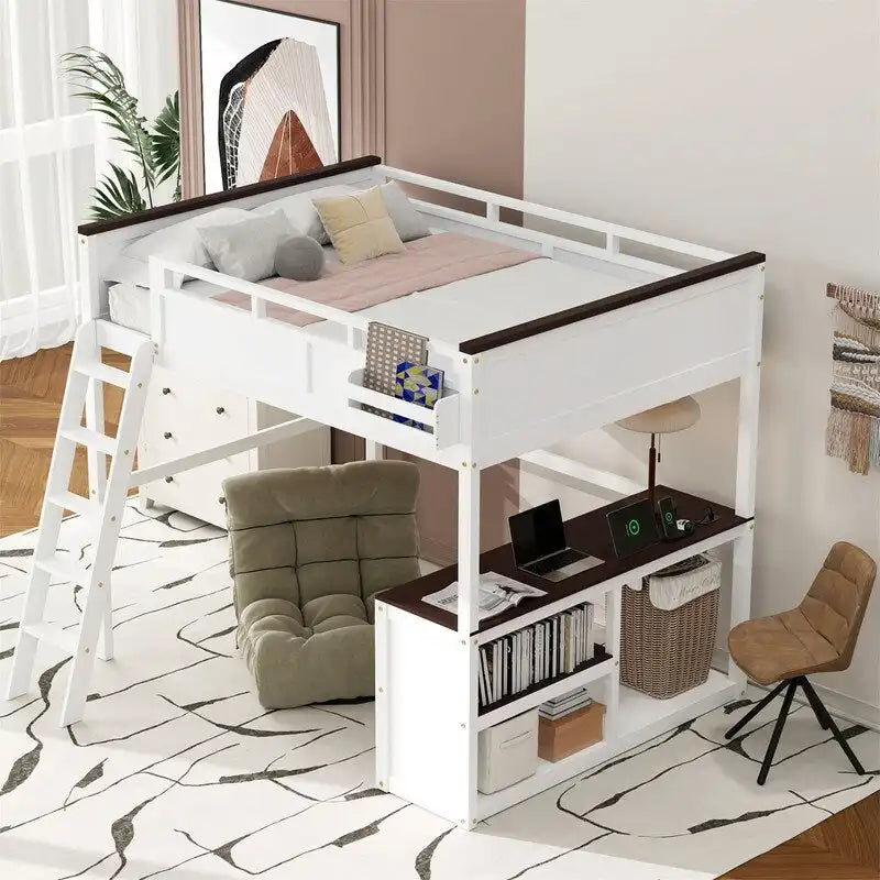 Lit mezzanine Queen Size avec bureau intégré et une boîte de rangement, cadre de lit mezzanine en bois avec étagère ouverte et station de recharge USB