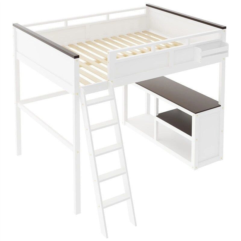 Lit mezzanine Queen Size avec bureau intégré et une boîte de rangement, cadre de lit mezzanine en bois avec étagère ouverte et station de recharge USB