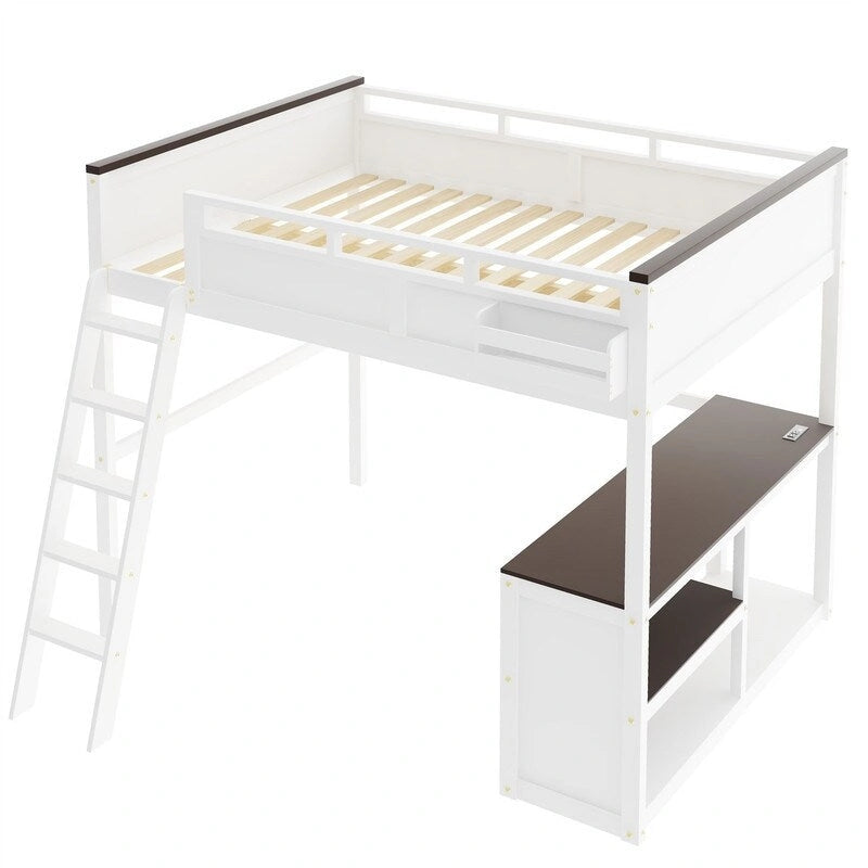 Lit mezzanine Queen Size avec bureau intégré et une boîte de rangement, cadre de lit mezzanine en bois avec étagère ouverte et station de recharge USB