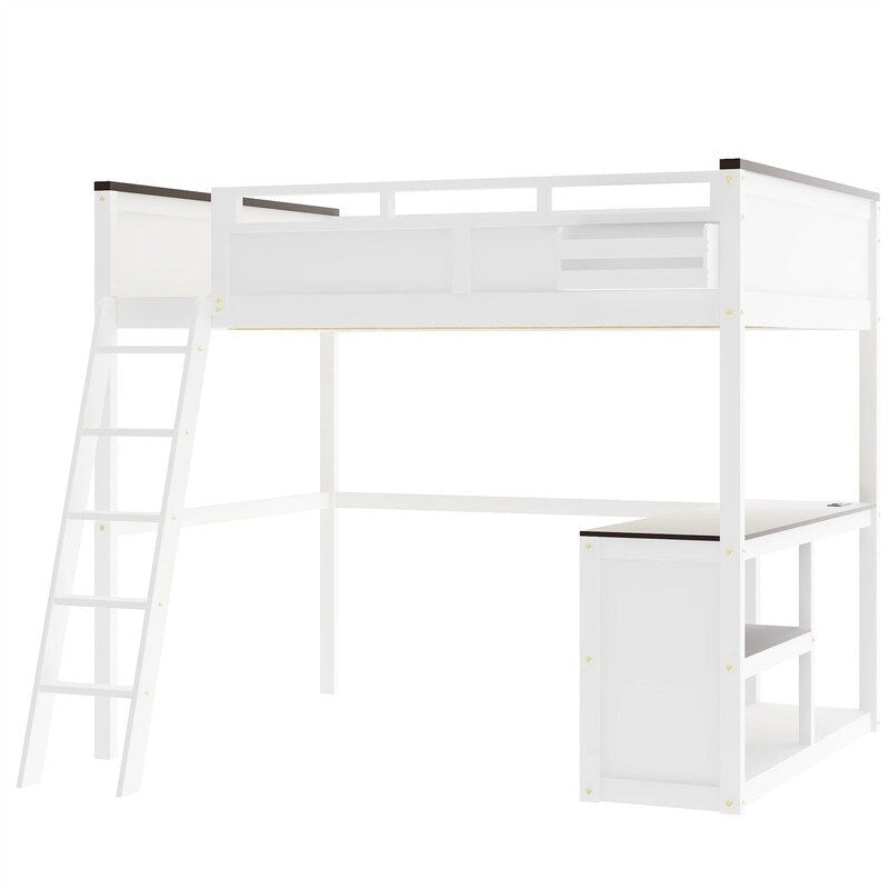 Lit mezzanine Queen Size avec bureau intégré et une boîte de rangement, cadre de lit mezzanine en bois avec étagère ouverte et station de recharge USB