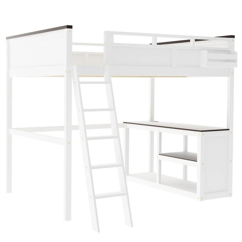 Lit mezzanine Queen Size avec bureau intégré et une boîte de rangement, cadre de lit mezzanine en bois avec étagère ouverte et station de recharge USB
