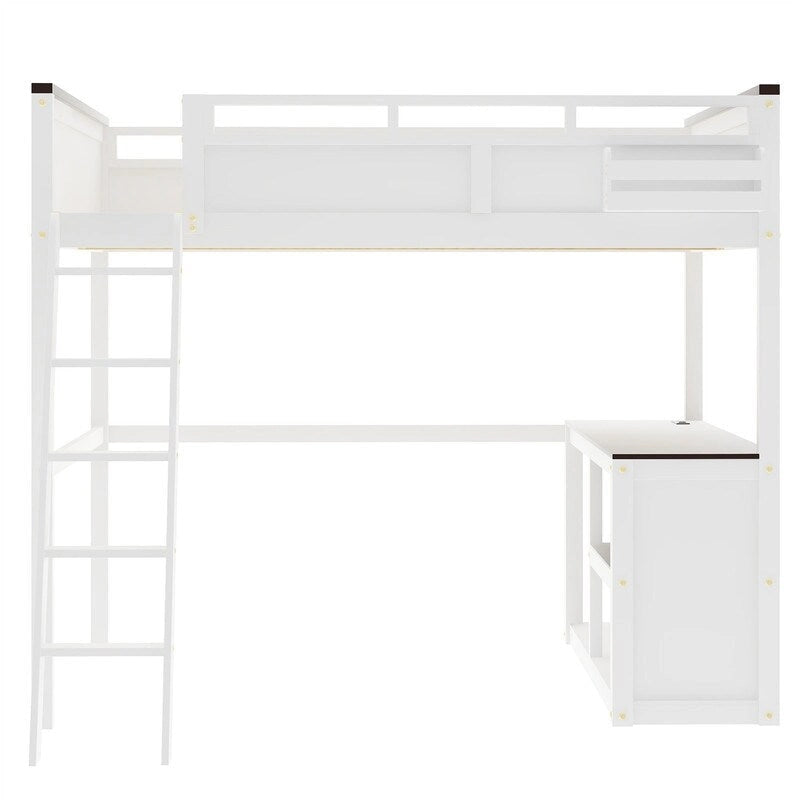 Lit mezzanine Queen Size avec bureau intégré et une boîte de rangement, cadre de lit mezzanine en bois avec étagère ouverte et station de recharge USB