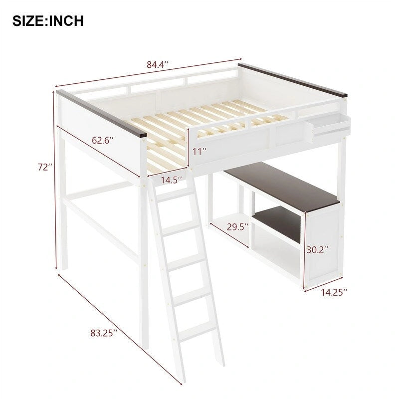 Lit mezzanine Queen Size avec bureau intégré et une boîte de rangement, cadre de lit mezzanine en bois avec étagère ouverte et station de recharge USB