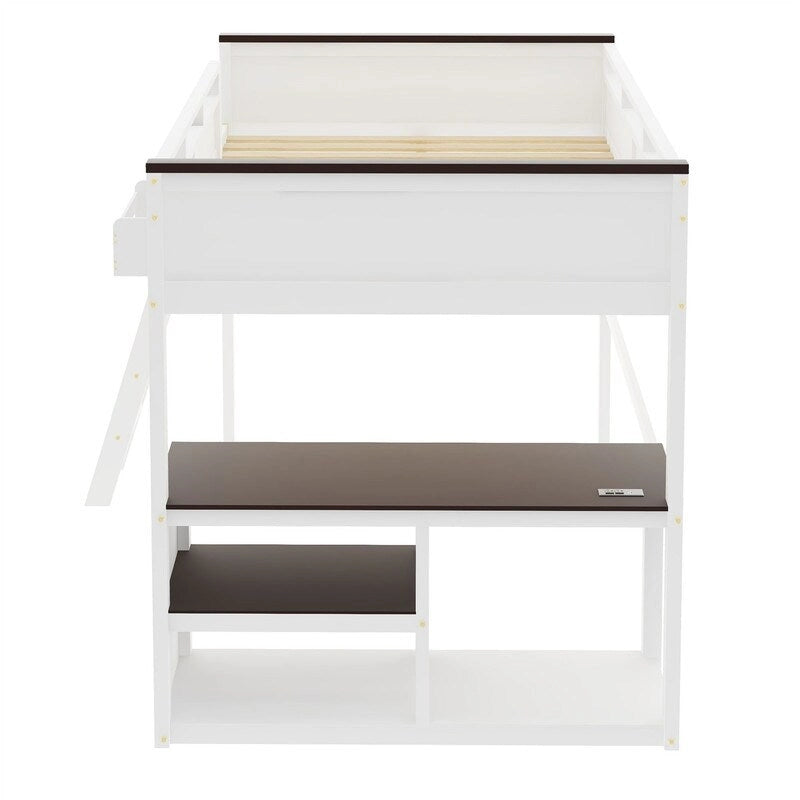 Lit mezzanine Queen Size avec bureau intégré et une boîte de rangement, cadre de lit mezzanine en bois avec étagère ouverte et station de recharge USB