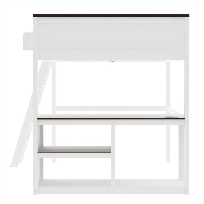 Lit mezzanine Queen Size avec bureau intégré et une boîte de rangement, cadre de lit mezzanine en bois avec étagère ouverte et station de recharge USB