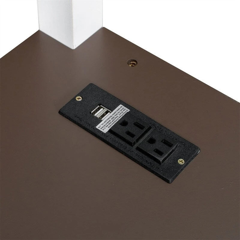 Lit mezzanine Queen Size avec bureau intégré et une boîte de rangement, cadre de lit mezzanine en bois avec étagère ouverte et station de recharge USB