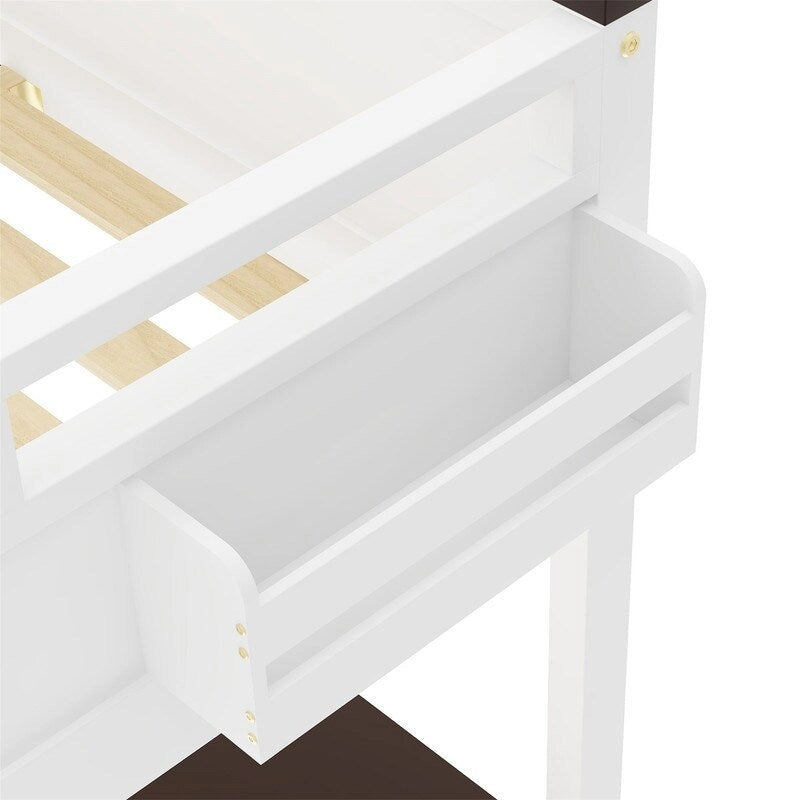 Lit mezzanine Queen Size avec bureau intégré et une boîte de rangement, cadre de lit mezzanine en bois avec étagère ouverte et station de recharge USB