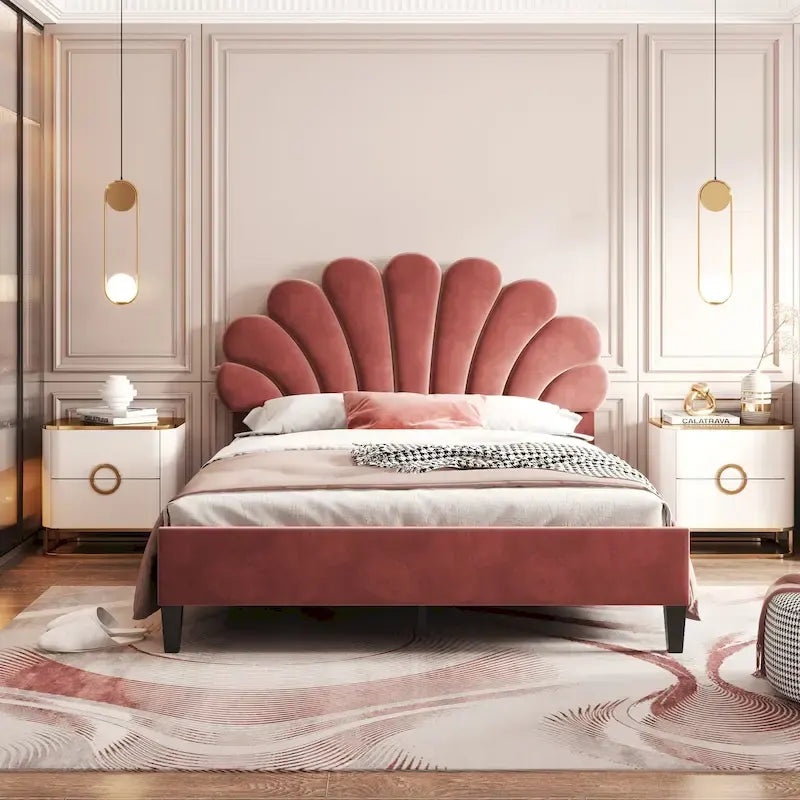 Lit plateforme pleine grandeur classique Cadre de lit rembourré en velours doux avec tête de lit à motif floral, AUCUN sommier tapissier requis