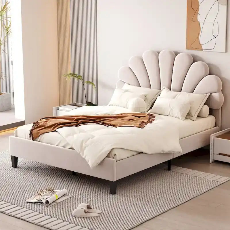 Lit plateforme pleine grandeur classique Cadre de lit rembourré en velours doux avec tête de lit à motif floral, AUCUN sommier tapissier requis