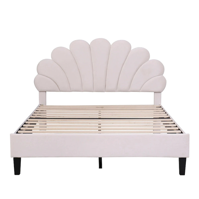 Lit plateforme pleine grandeur classique Cadre de lit rembourré en velours doux avec tête de lit à motif floral, AUCUN sommier tapissier requis