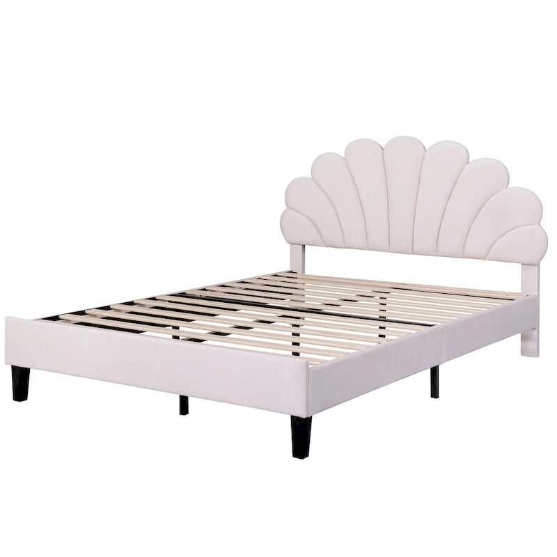 Lit plateforme pleine grandeur classique Cadre de lit rembourré en velours doux avec tête de lit à motif floral, AUCUN sommier tapissier requis