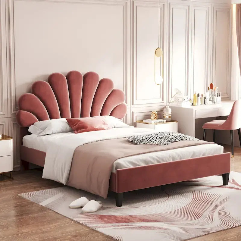 Lit plateforme pleine grandeur classique Cadre de lit rembourré en velours doux avec tête de lit à motif floral, AUCUN sommier tapissier requis
